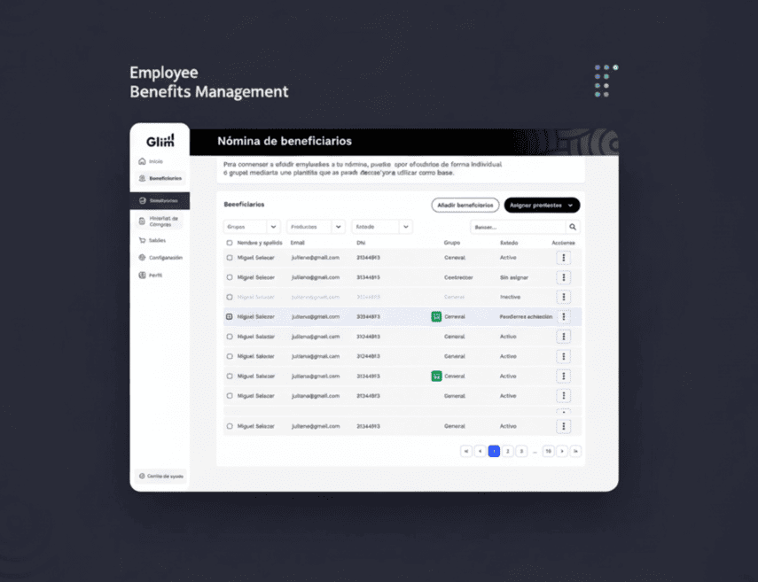Dashboard de Glim para empresas mostrando nómina de beneficiarios